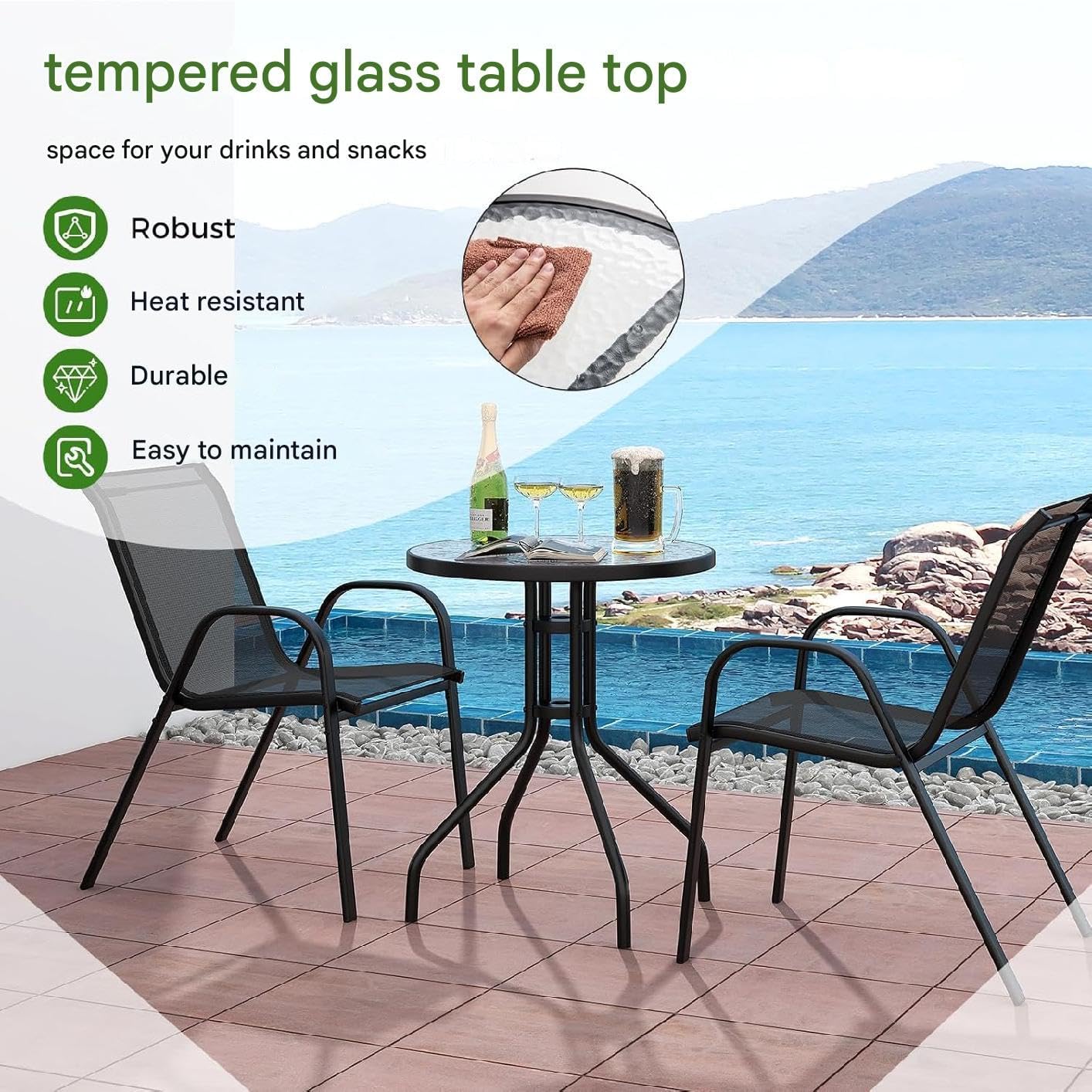 Vital Outdoor Patio Bistro Set – Black Wicker Chairs & Round Table for Elegant and Comfortable Small Space Dining, Relaxation, and Outdoor Enjoyment (VI-DNS-13)