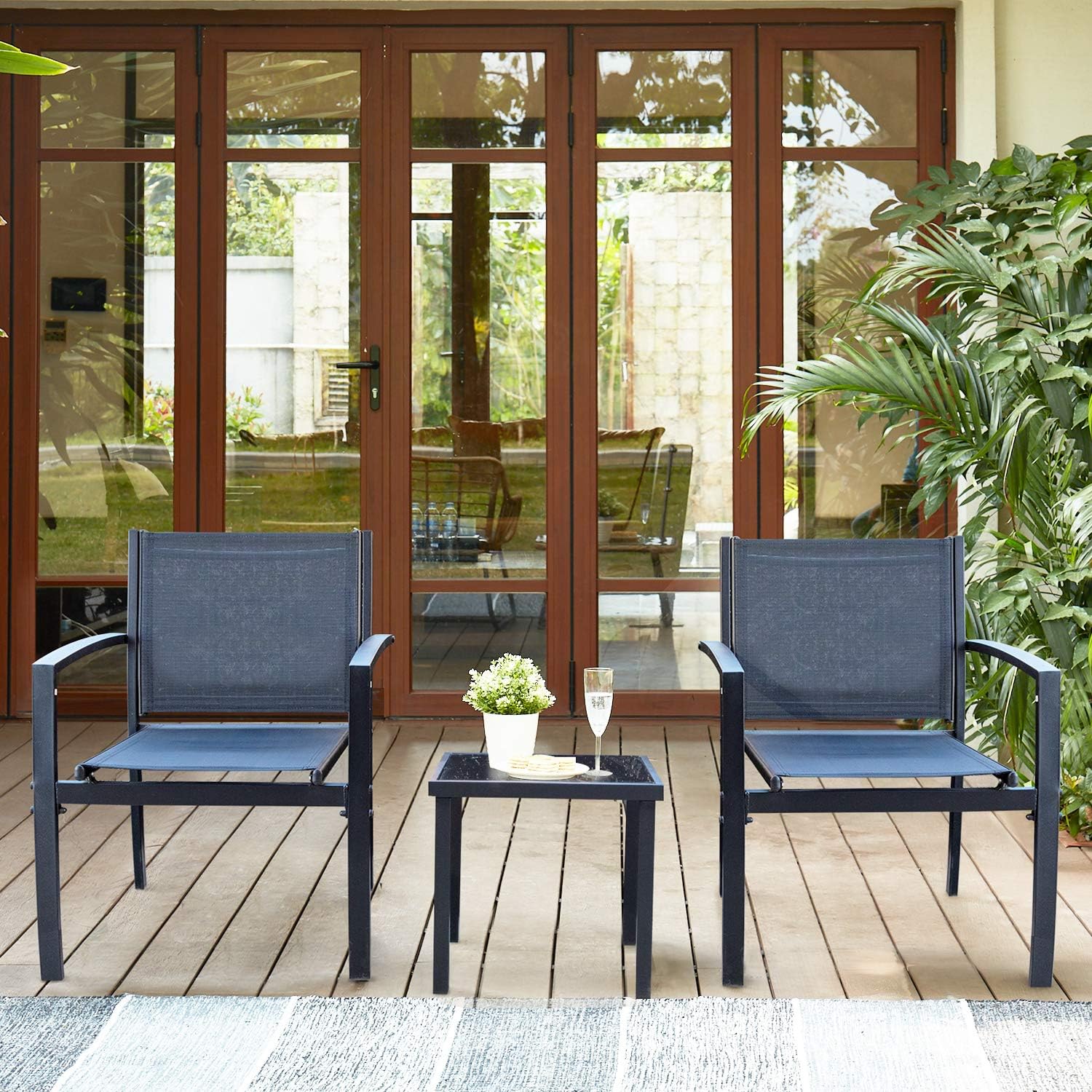 Homall 3 Pieces Patio Furniture Set Outdoor Patio Conversation Textilene Bistro Set Modern Porch Lawn Chairs with Coffee Table for Home and Balcony (Black)