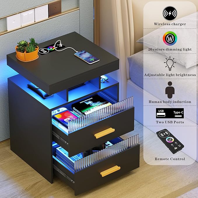 Smart LED Nightstand with Charging Station (45 x 40 x 60 cm)