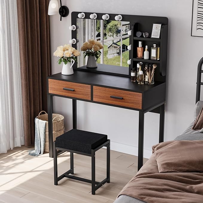Vanity Desk with Mirror, With Chair and 10 LED Lights, with 2 Big Drawers and Side Shelves for Storage-GCC Home Center