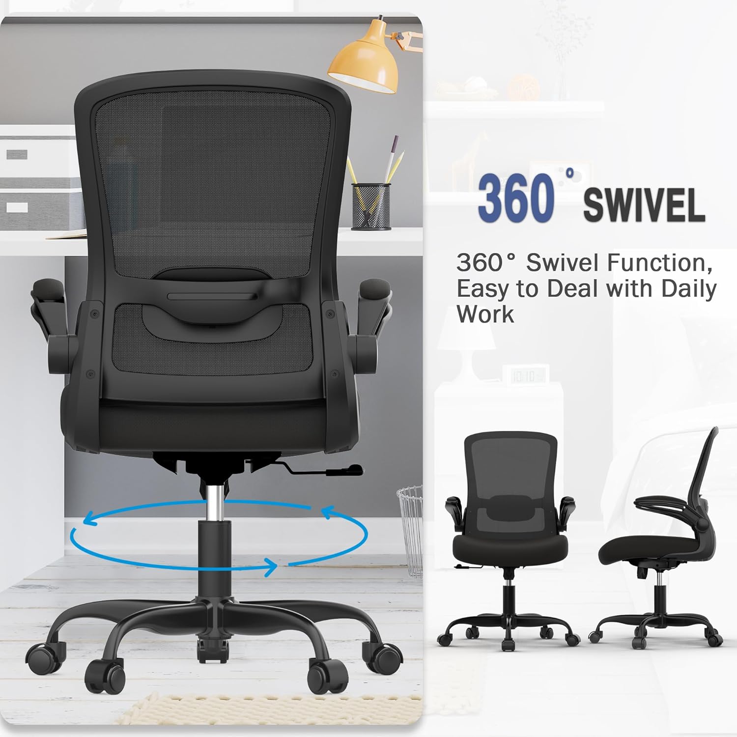 Ergonomic Office Chair - BIFMA Certified High Back Mesh Desk Chair with Adjustable Lumbar Support & Flip-Up Armrests for Home Office (Modern, All Black)