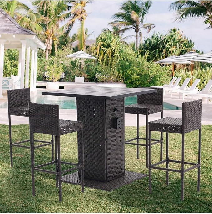 5-Piece Rattan Patio Bar Set – Outdoor Wicker Furniture with Storage Shelf, Dining Table-GCC Home Center