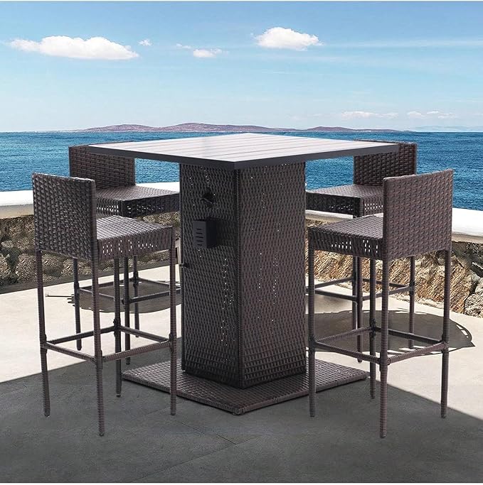 5-Piece Rattan Patio Bar Set – Outdoor Wicker Furniture with Storage Shelf, Dining Table-GCC Home Center