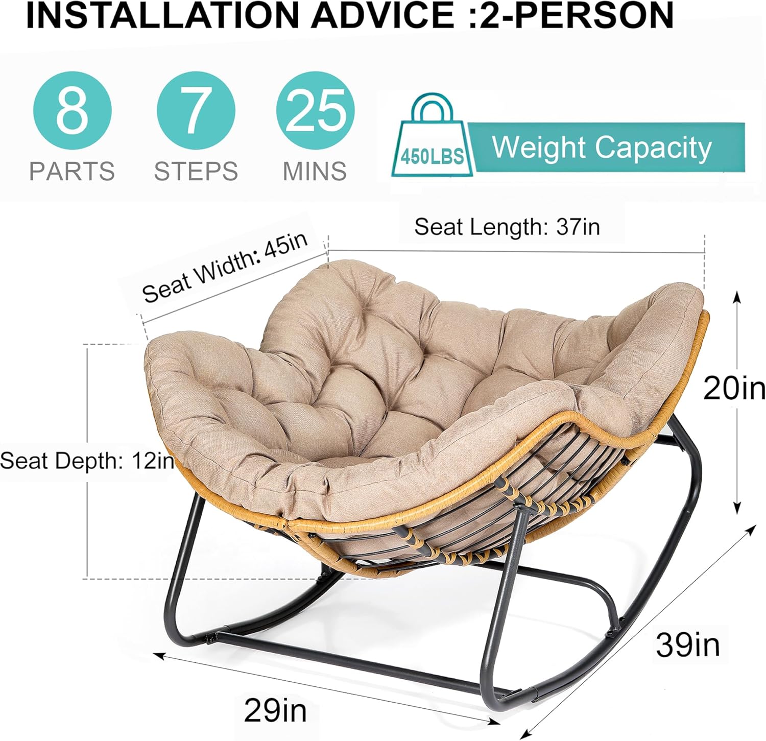 SWITTE Modern Americana Patio Rocking Chair, Rattan Wicker Lounge Chair, Indoor Papasan Chair, Beige - Relaxing, Sleeping, Reading - Ergonomic Design, Durable Alloy Frame-GCC Home Center
