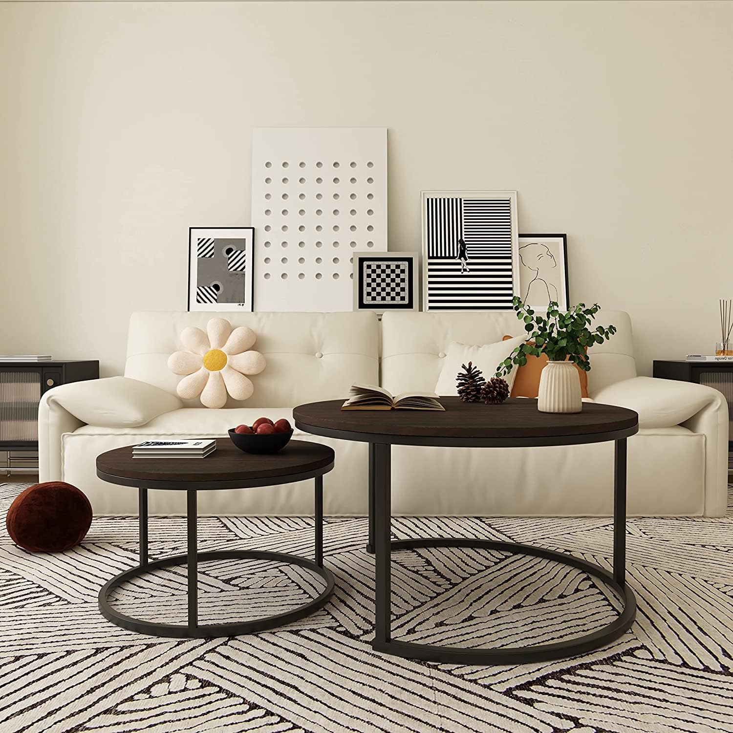 Set of 2 Round Coffee Table with Solid Wood Grain Top and Metal Farm - Rustic Brown & Black Walnut-GCC Home Center