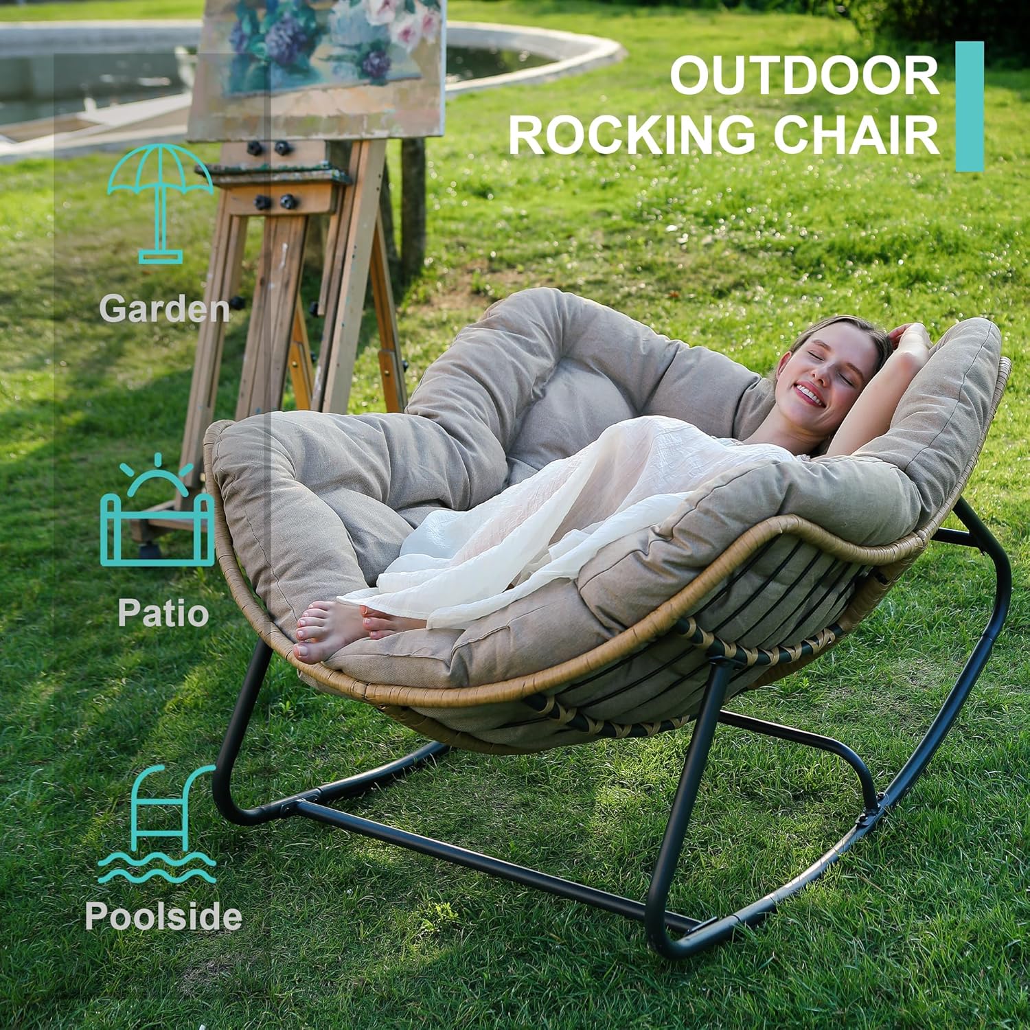 SWITTE Modern Americana Patio Rocking Chair, Rattan Wicker Lounge Chair, Indoor Papasan Chair, Beige - Relaxing, Sleeping, Reading - Ergonomic Design, Durable Alloy Frame-GCC Home Center