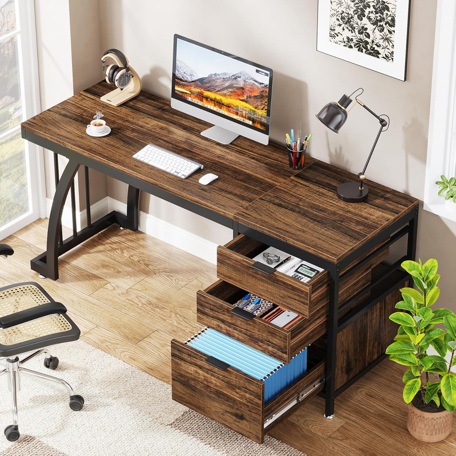Tribesigns Computer Desk with 3 Drawers, 59-Inch PC Desk with Reversible Drawers, Industrial Study Writing Table Workstation with File Storage for Home Office, Rustic Brown-GCC Home Center