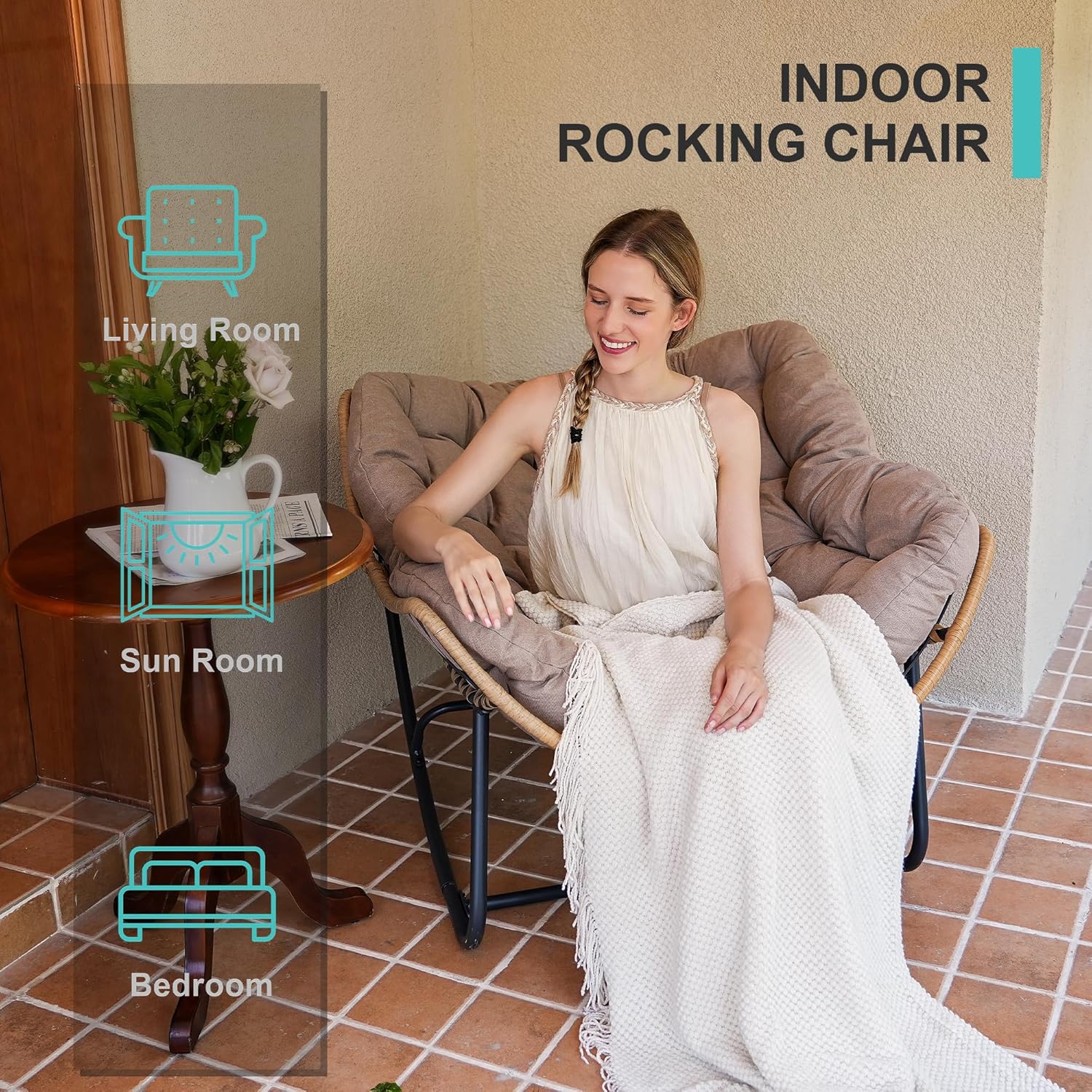 SWITTE Modern Americana Patio Rocking Chair, Rattan Wicker Lounge Chair, Indoor Papasan Chair, Beige - Relaxing, Sleeping, Reading - Ergonomic Design, Durable Alloy Frame-GCC Home Center