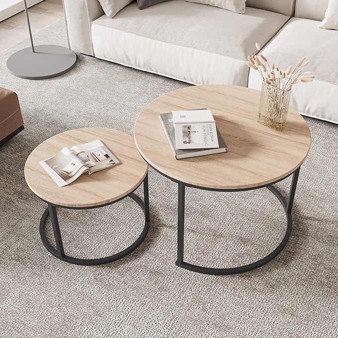 Modern Round Nesting Coffee Table Set Of 2 - Black & Natural Oak-GCC Home Center