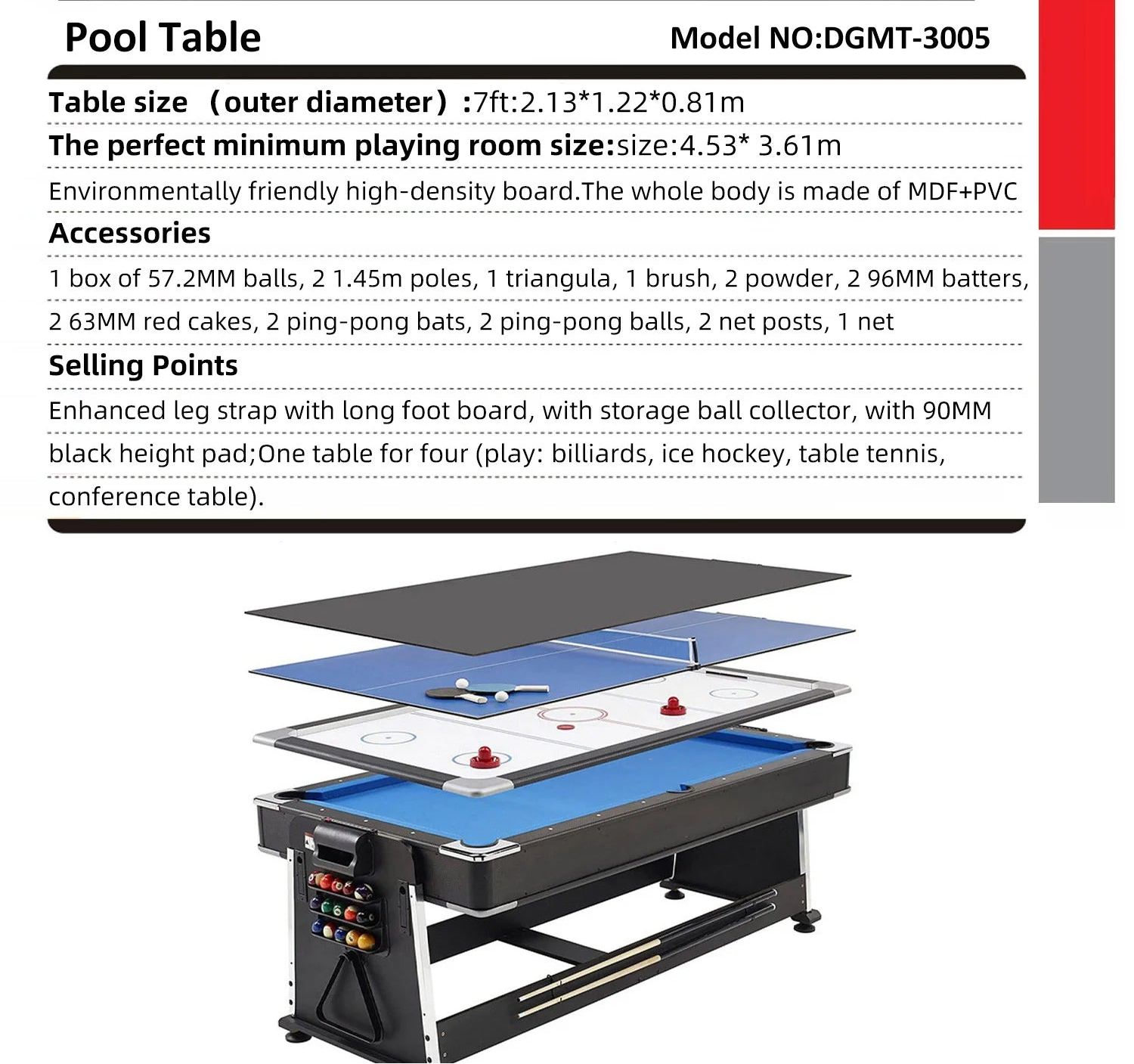 4 in 1 DGMT-3005 7ft Blue Pool Table Billiard + Air Hockey + Tennis Table-GCC Home Center