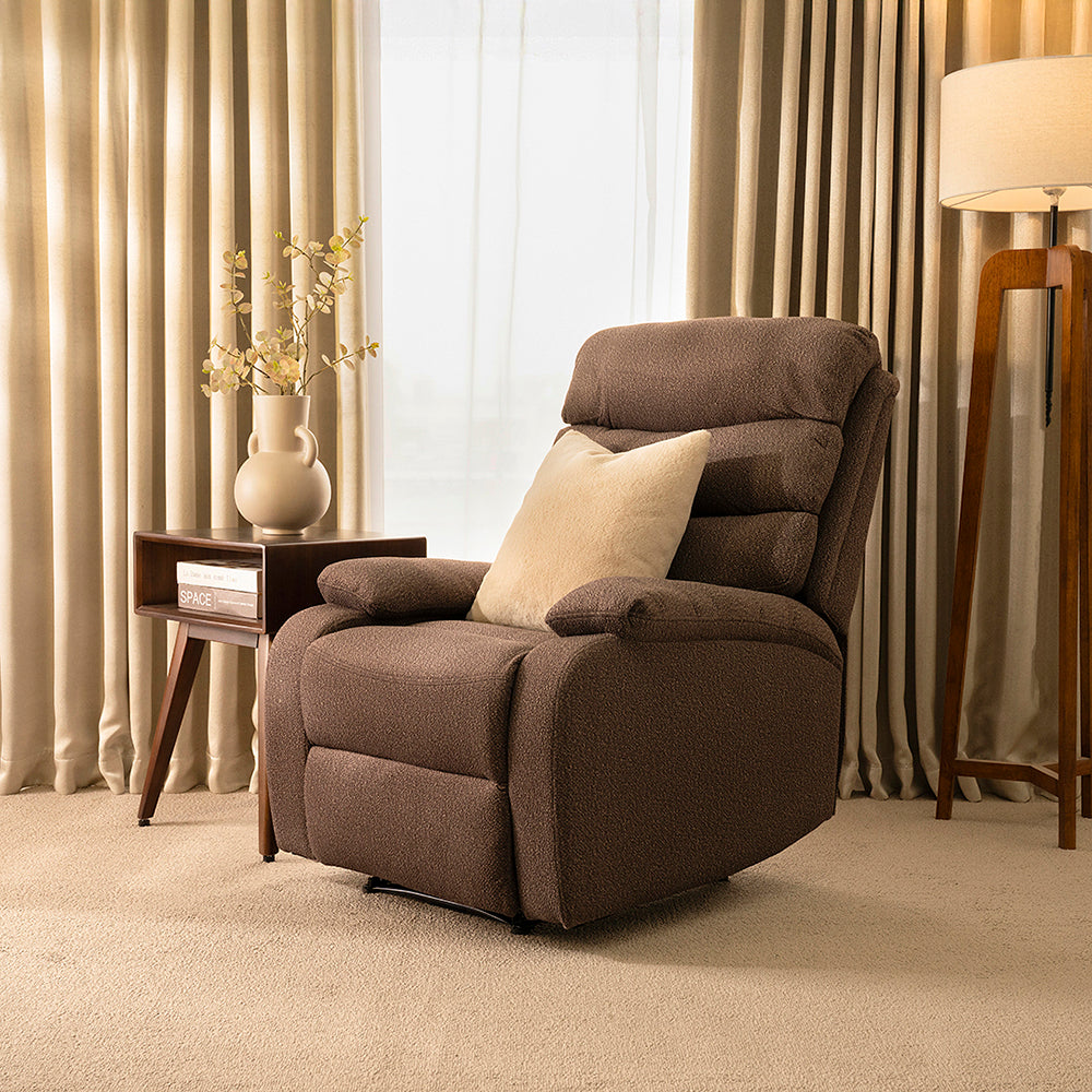 Recliner Chair – Brown | 1-Seater Fabric Recliner with Adjustable Backrest & Footrest