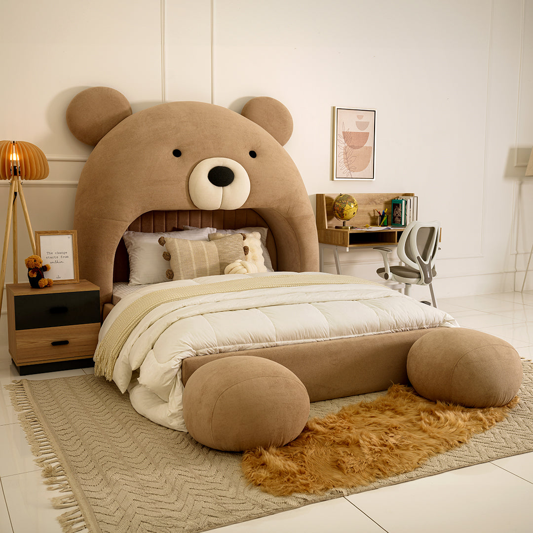 Teddy Kids Upholstered Bed – Modern Fabric Bed with Pouffe