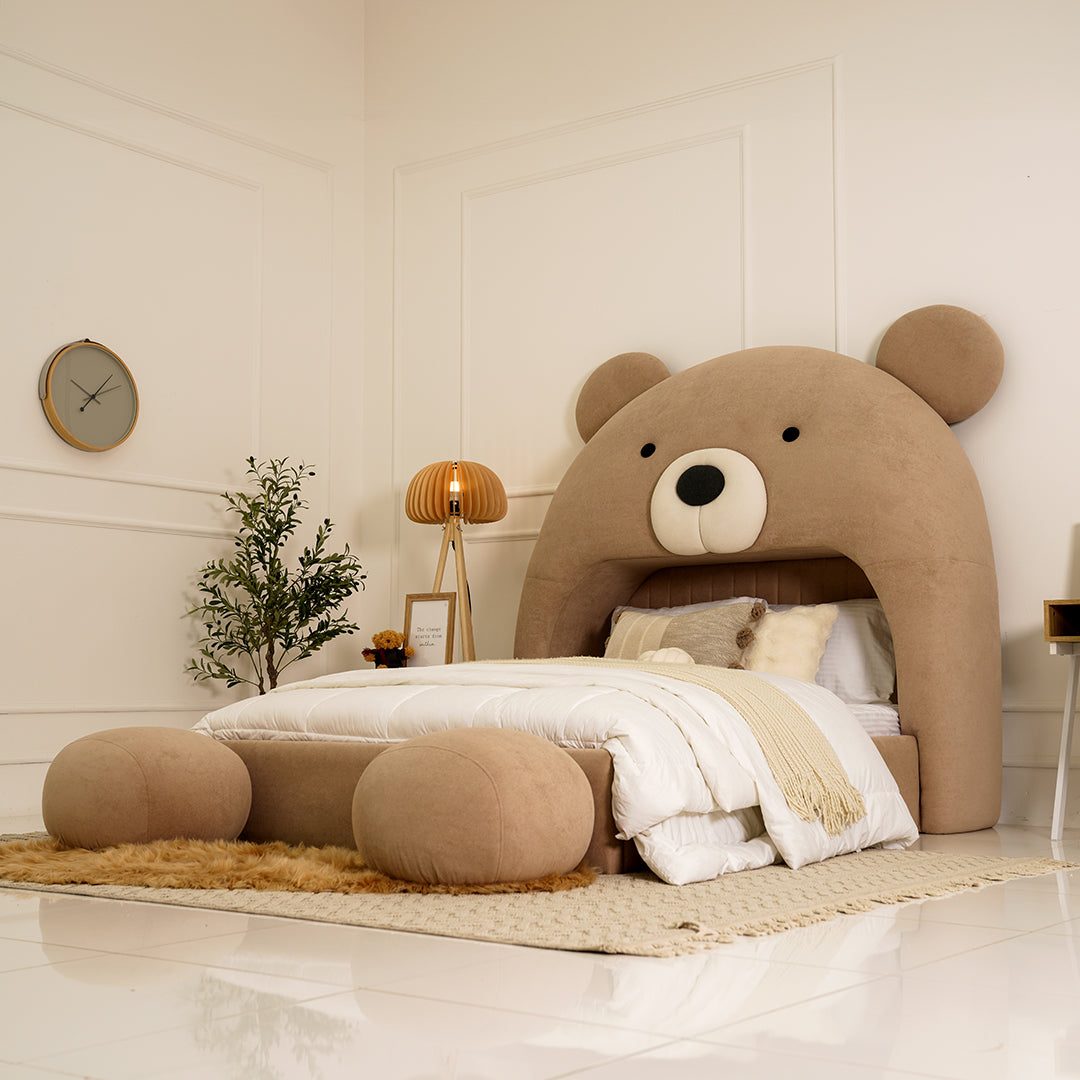 Teddy Kids Upholstered Bed – Modern Fabric Bed with Pouffe