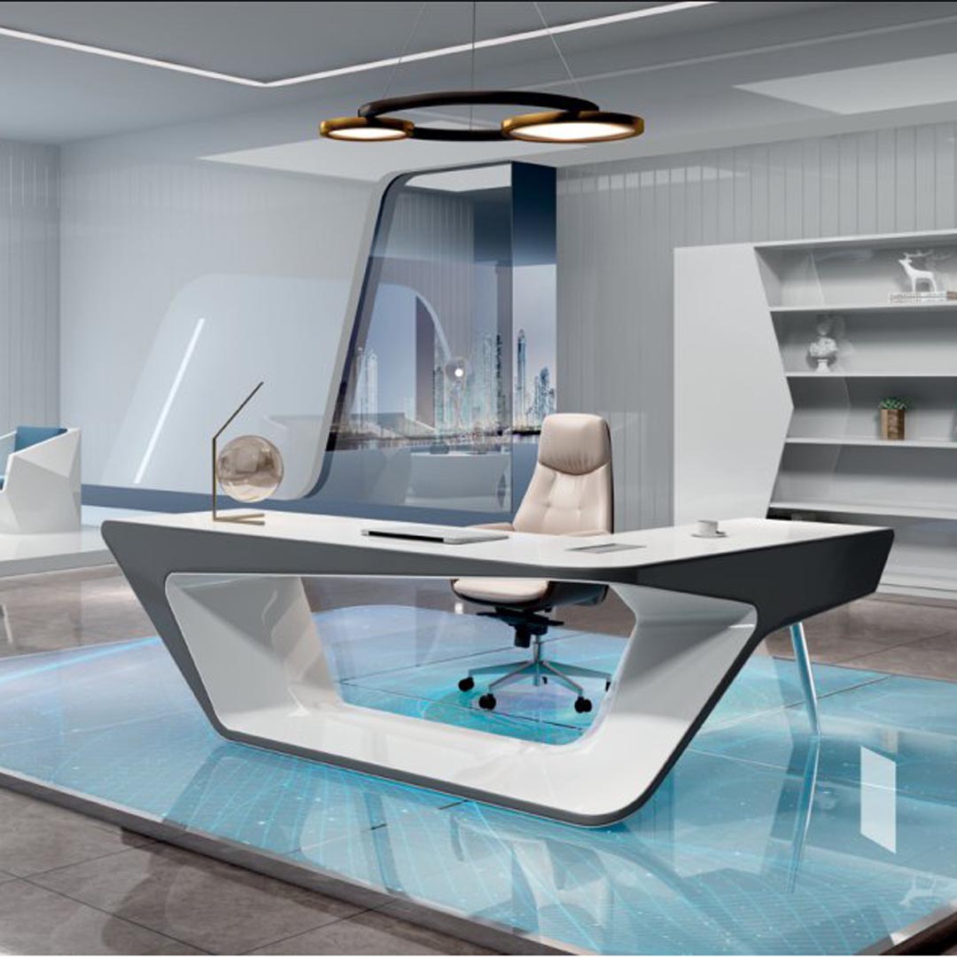 Elegant Glossy Executive Office Table, Office Desk With Cable Management - White-GCC Home Center