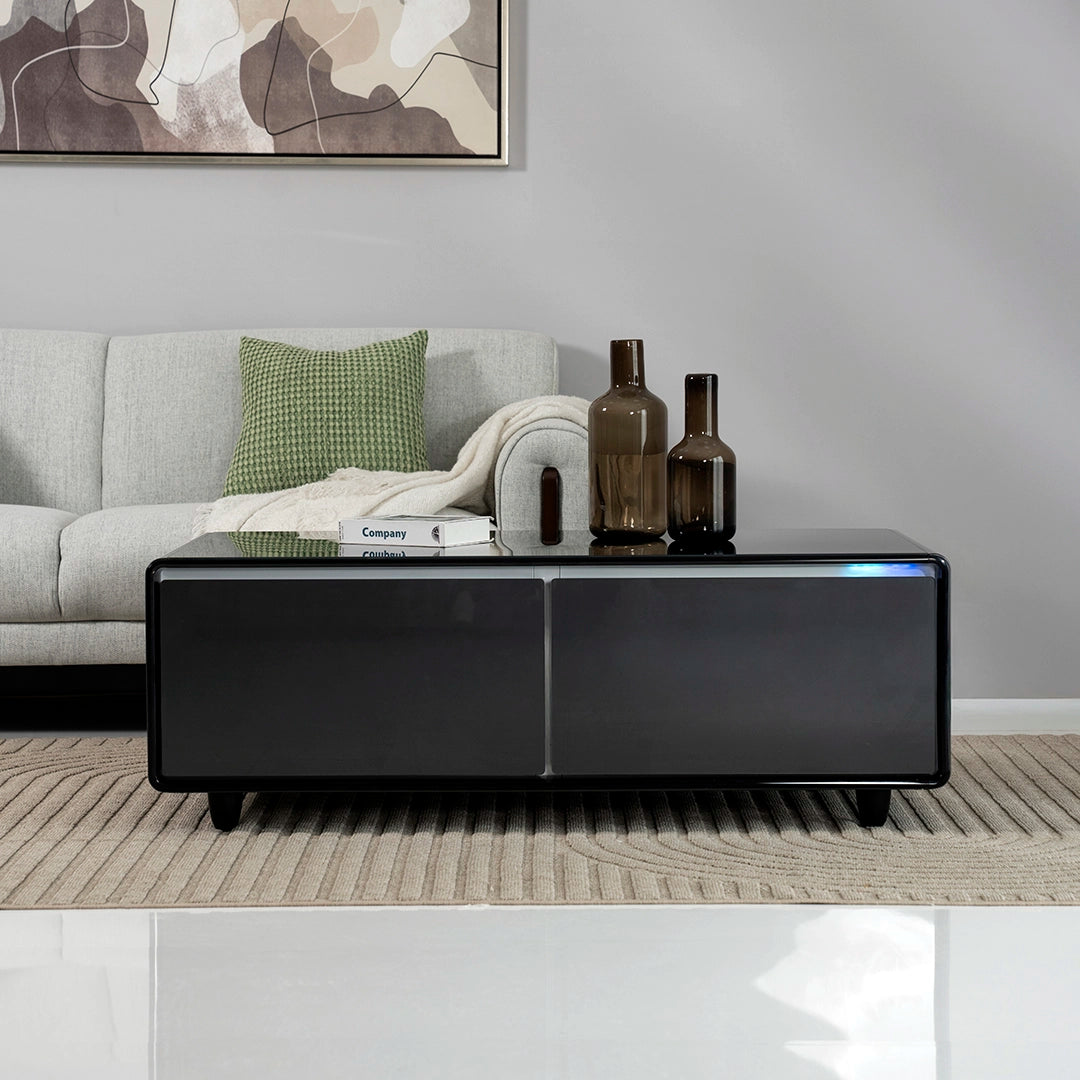 Smart Coffee Table with Built-in Fridge, Wireless Charging & Bluetooth Speaker – Wooden/Brown Finish