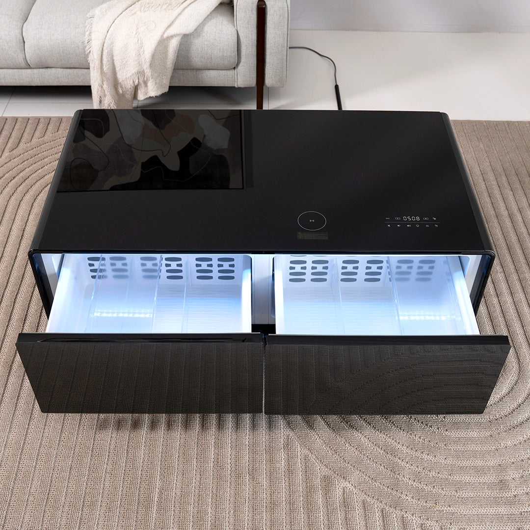 Smart Coffee Table with Built-in Fridge, Wireless Charging & Bluetooth Speaker – Wooden/Brown Finish