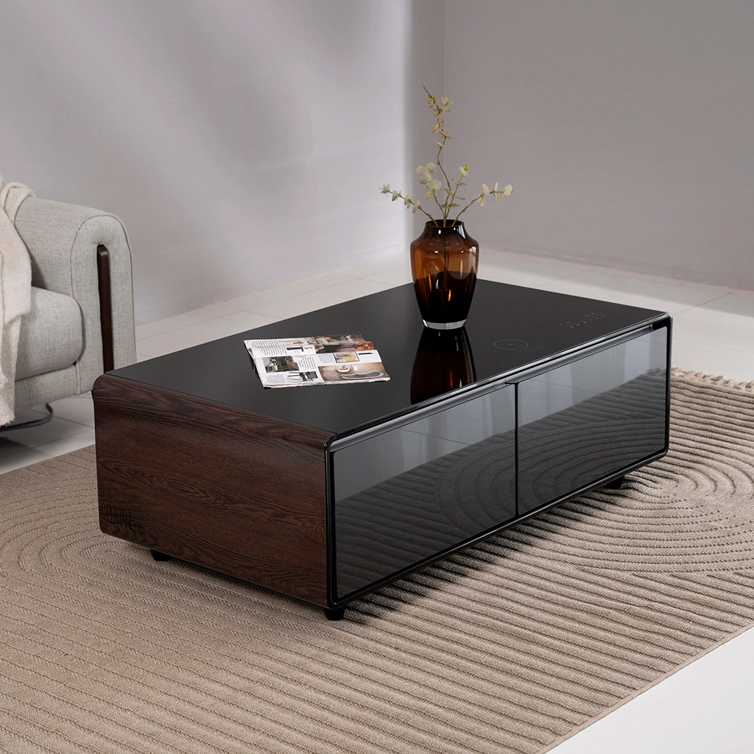 Smart Coffee Table with Built-in Fridge, Wireless Charging & Bluetooth Speaker – Wooden/Brown Finish