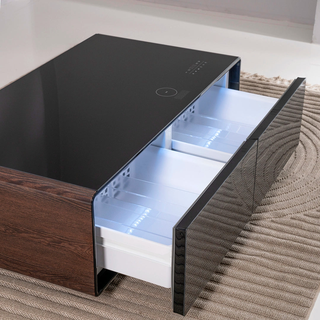 Smart Coffee Table with Built-in Fridge, Wireless Charging & Bluetooth Speaker – Wooden/Brown Finish
