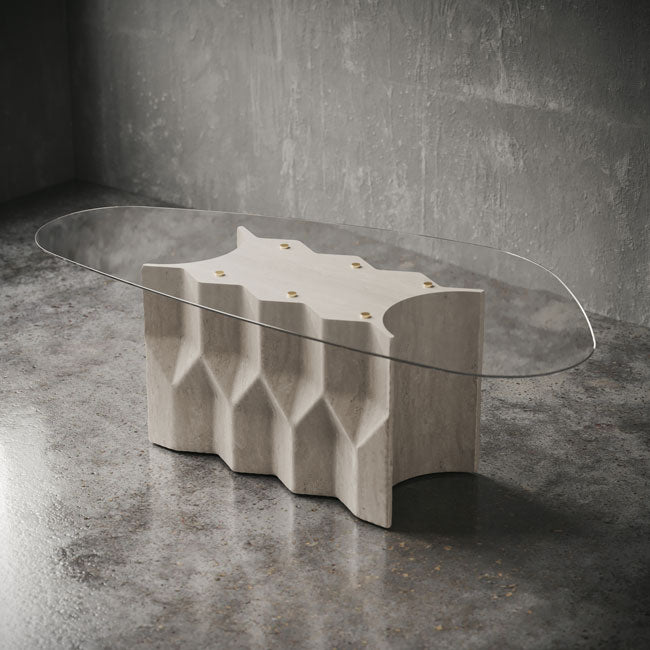 Cascade Dining Table: Elegant Turkish Beige Travertine with Sculpted Base and Glass Top-GCC Home Center