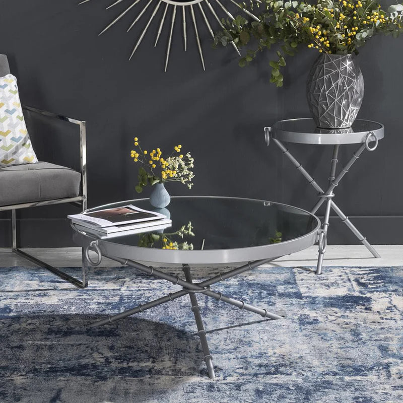 Grey Mirrored Tripod Chopstick Base Round Coffee Table