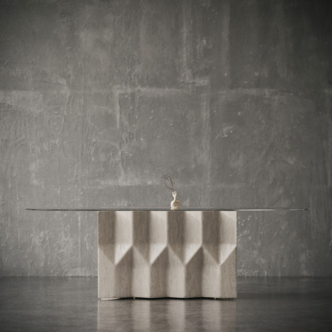 Cascade Dining Table: Elegant Turkish Beige Travertine with Sculpted Base and Glass Top-GCC Home Center