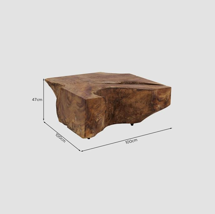Elegant Square Coffee Table – Natural Parota Wood with Wheels