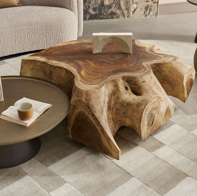 Elegant Square Coffee Table – Natural Parota Wood with Wheels