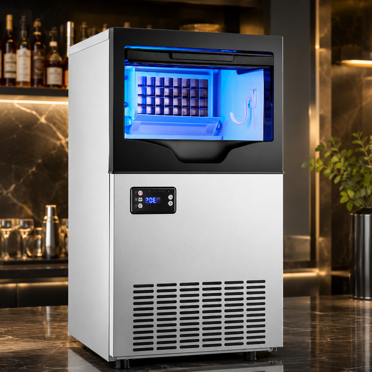 Coolbaby Commercial lce Maker lce Machine Self Clean, 66 Cubes per Batchin 11-18 Minutes 80-100KG/24H,15KG Storage Bin, Advanced LCD Panel