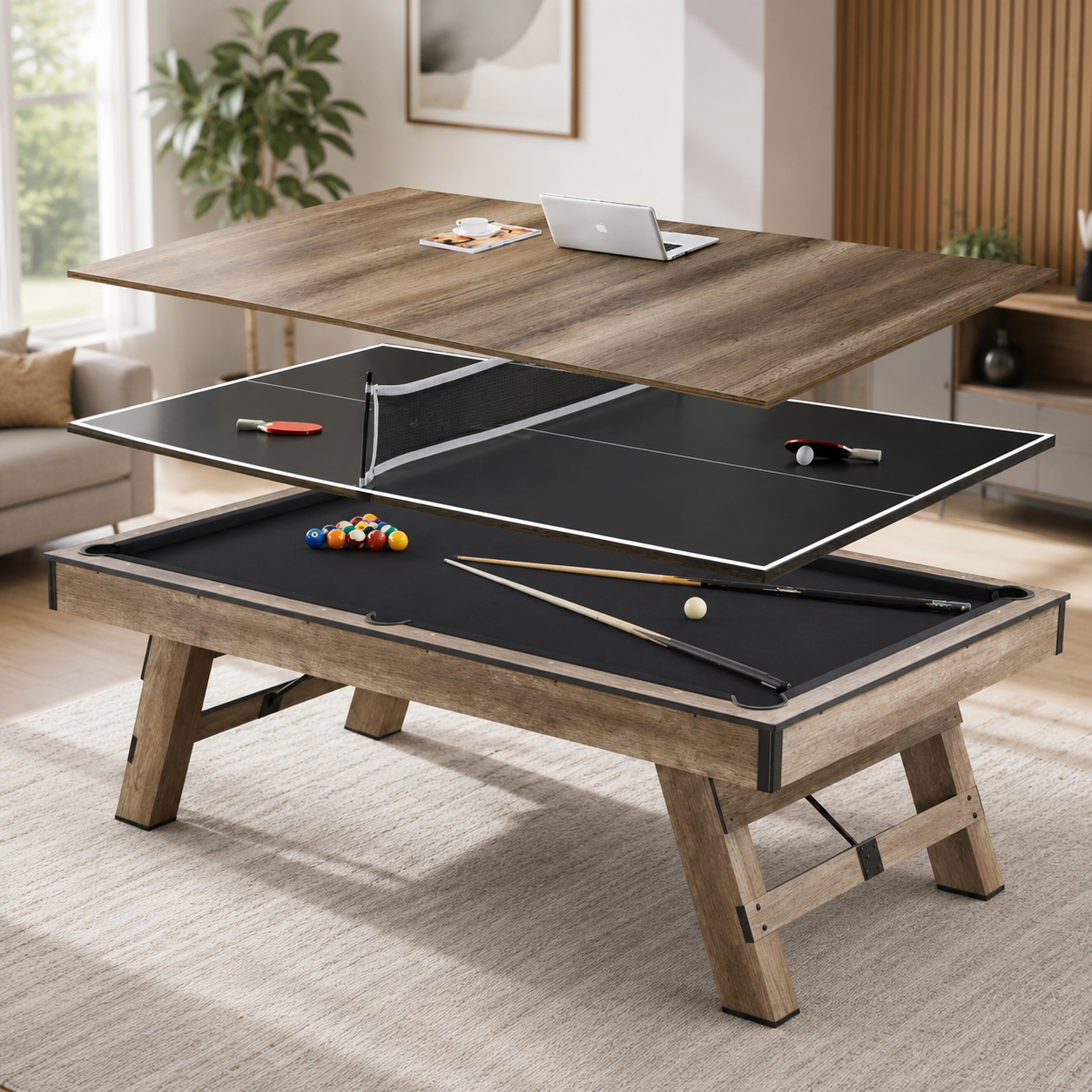 3 in 1 8ft Pool Billiard Table + Household Table Tennis Table + meeting or dining table Multi Function Game Table