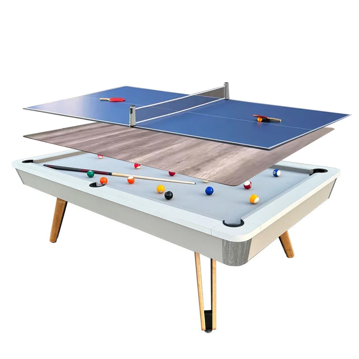 7-ft 3 IN 1 Professional Billiard Pool Tables with Full Accessory Pool Table with Table Tennis Top - White with Grey Felt
