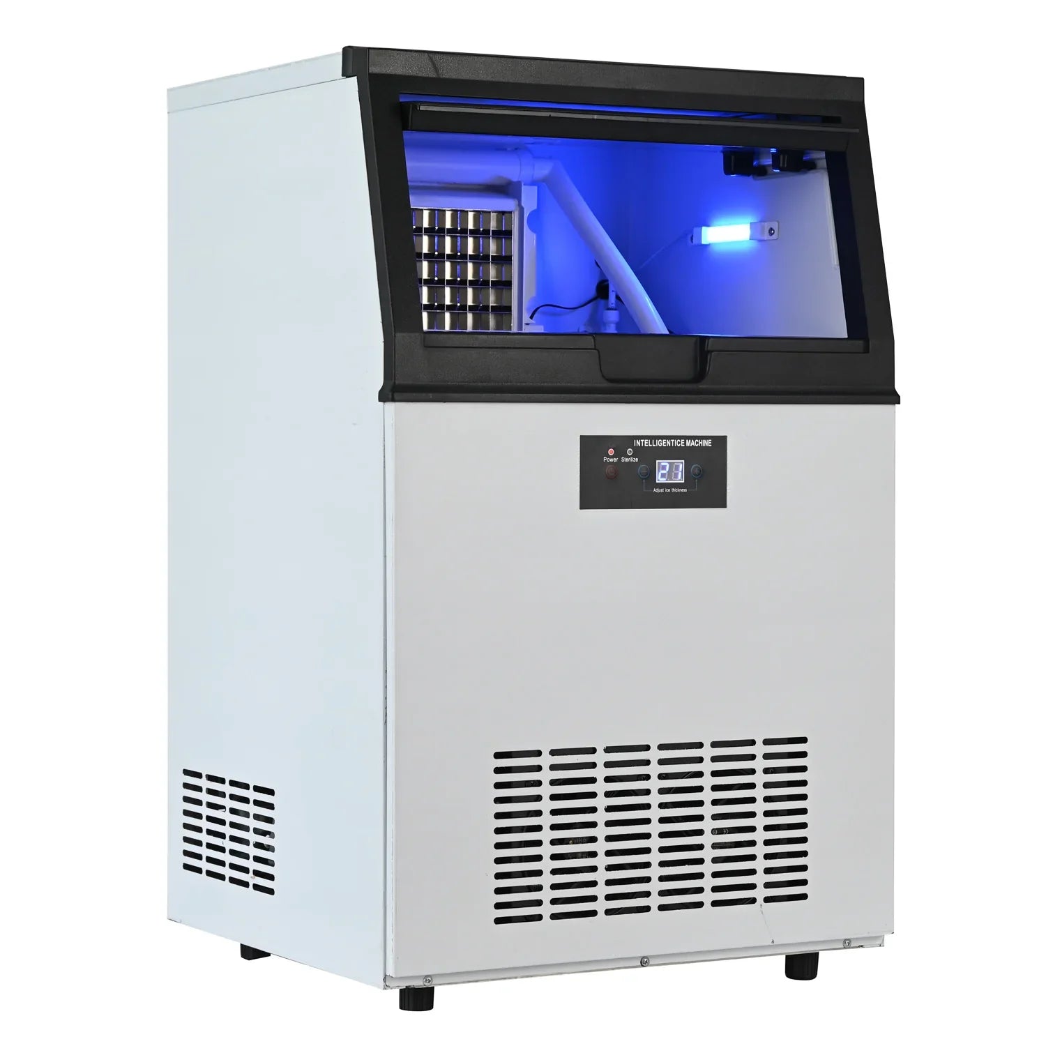 Integrated Ice Maker Machine, 100-110KGS/24H Stainless Steel Under Counter ice Machine with 15KGS Ice Storage Capacity, Freestanding Ice Maker