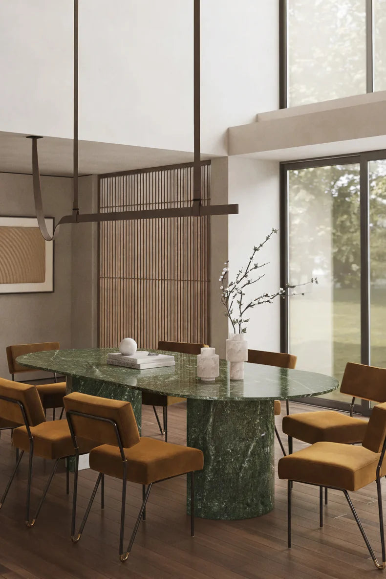 Luxury Natural Ming Green Marble Dining Table with Half Moon Legs