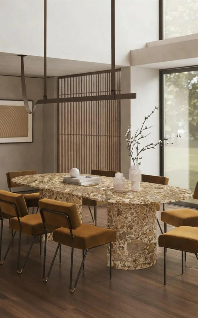 Luxury Beige Terrazzo Natural Stone Dining Table with Half Moon Legs