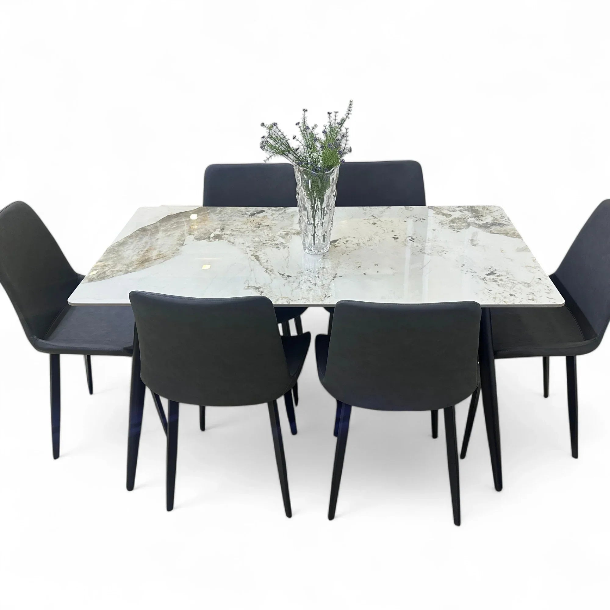 Elegant Modern 6 Seater Dining Table Set With Marble Top (Grey)