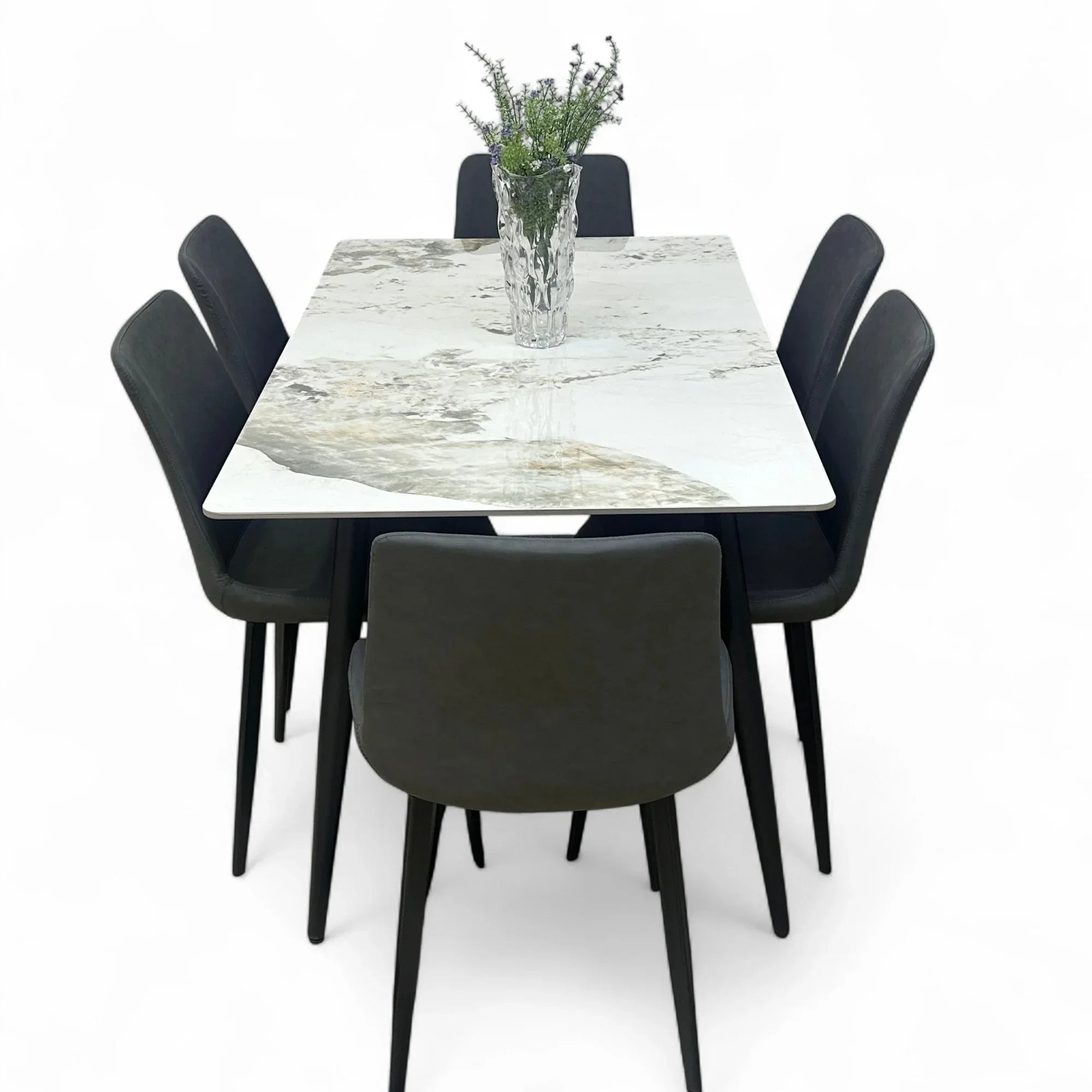 Elegant Modern 6 Seater Dining Table Set With Marble Top (Grey)