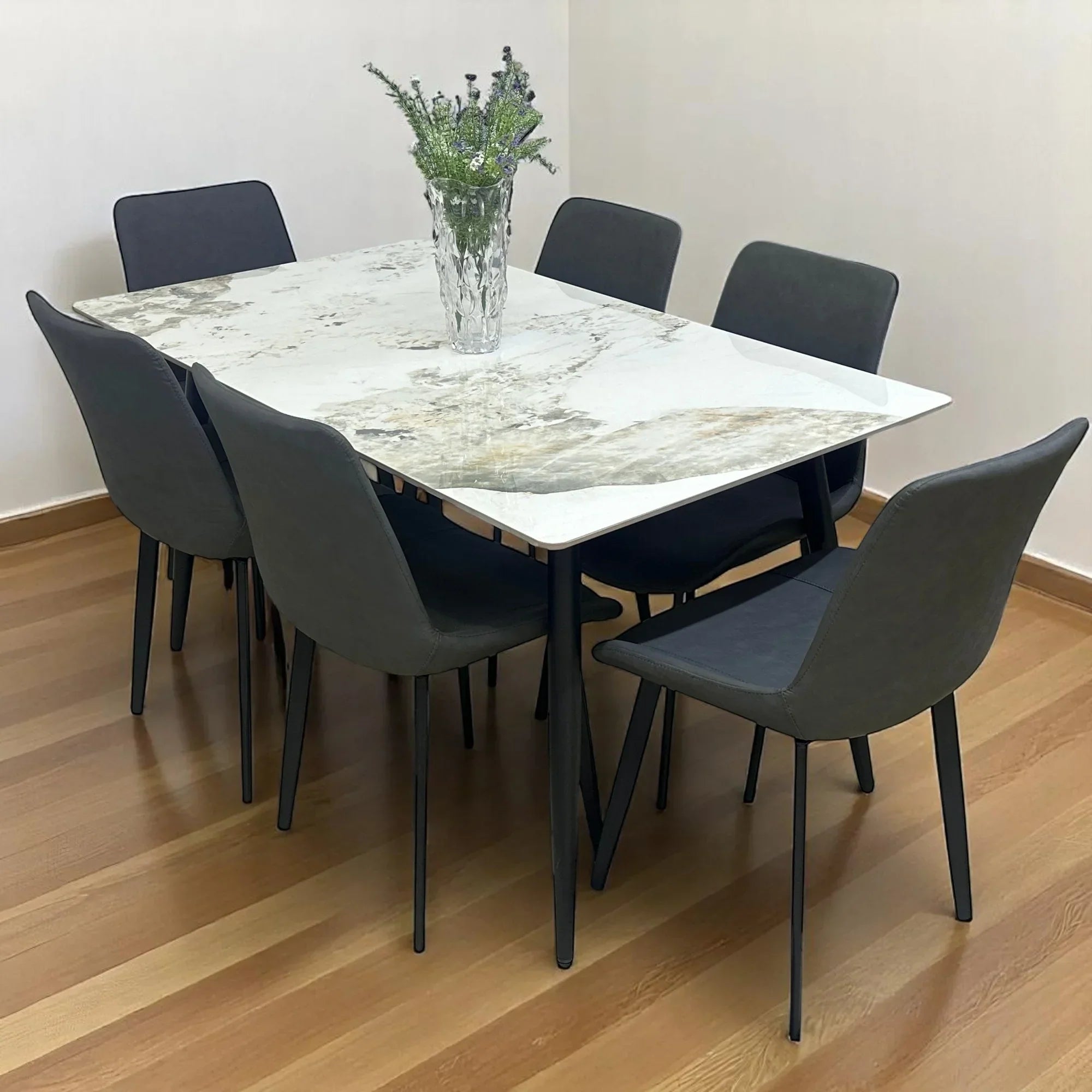 Elegant Modern 6 Seater Dining Table Set With Marble Top (Grey)