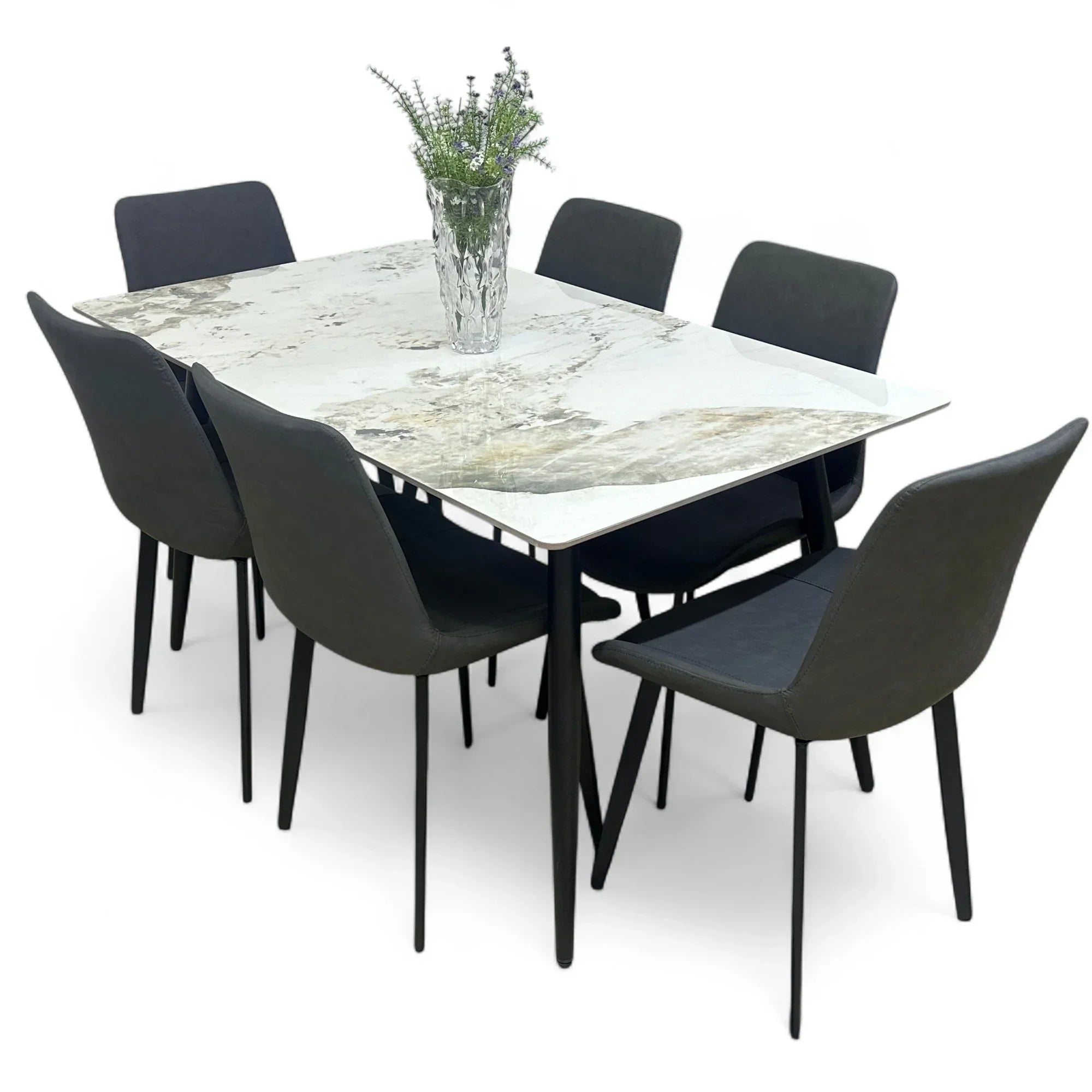 Elegant Modern 6 Seater Dining Table Set With Marble Top (Grey)