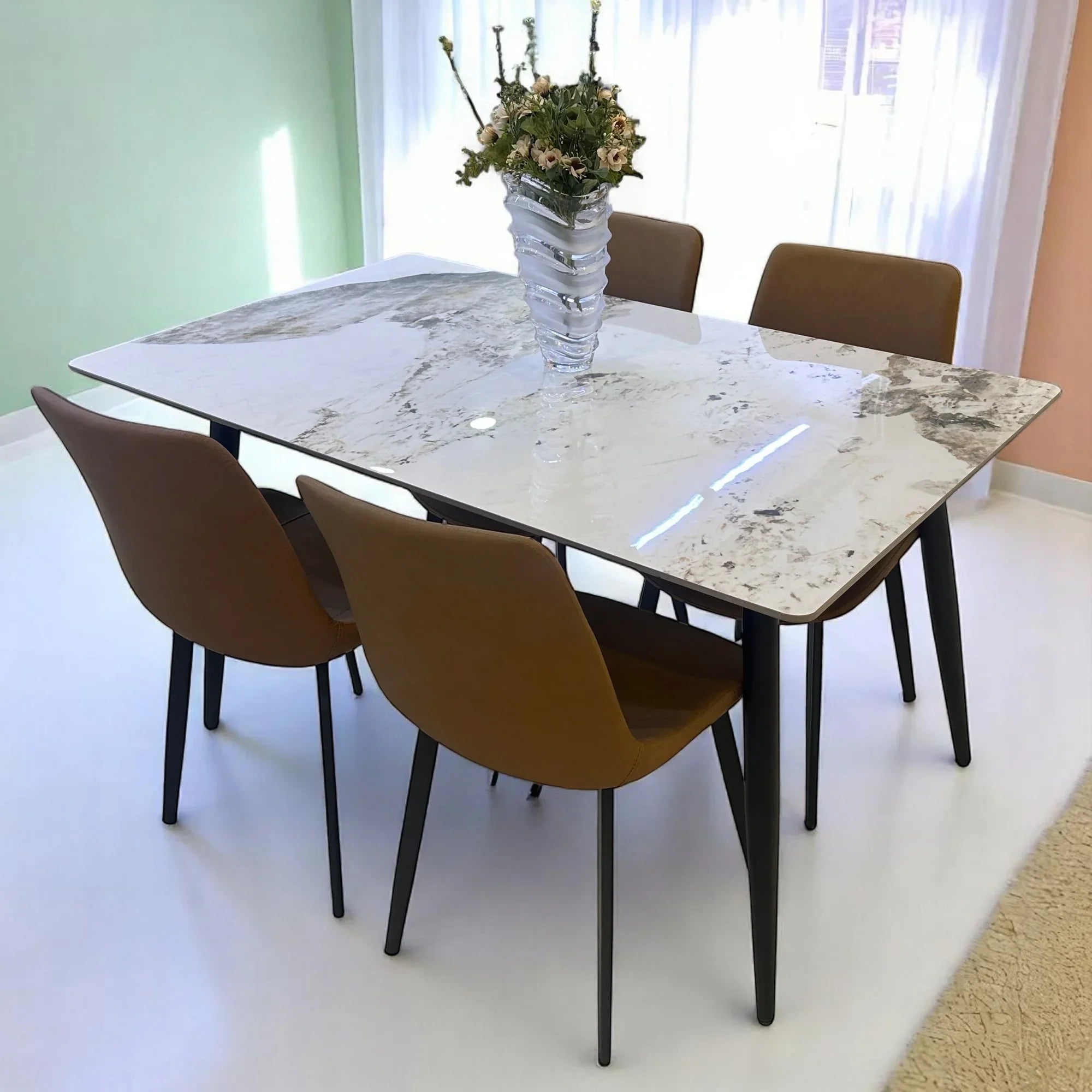Elegance Modern 4 Seater Dining Table Set With Marble Top (Brown)