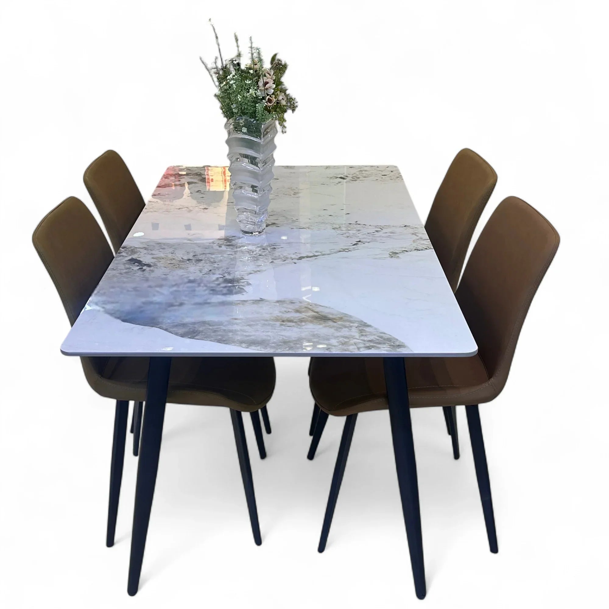 Elegance Modern 4 Seater Dining Table Set With Marble Top (Brown)