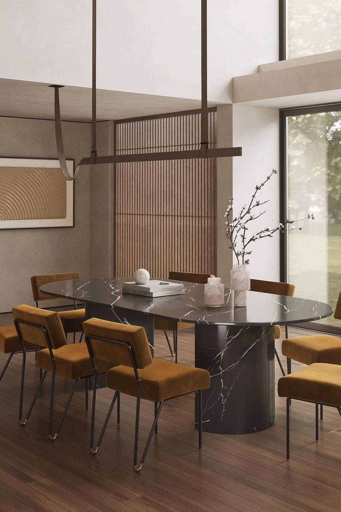 Luxury Black Marquina Marble Dining Table with Half Moon Legs