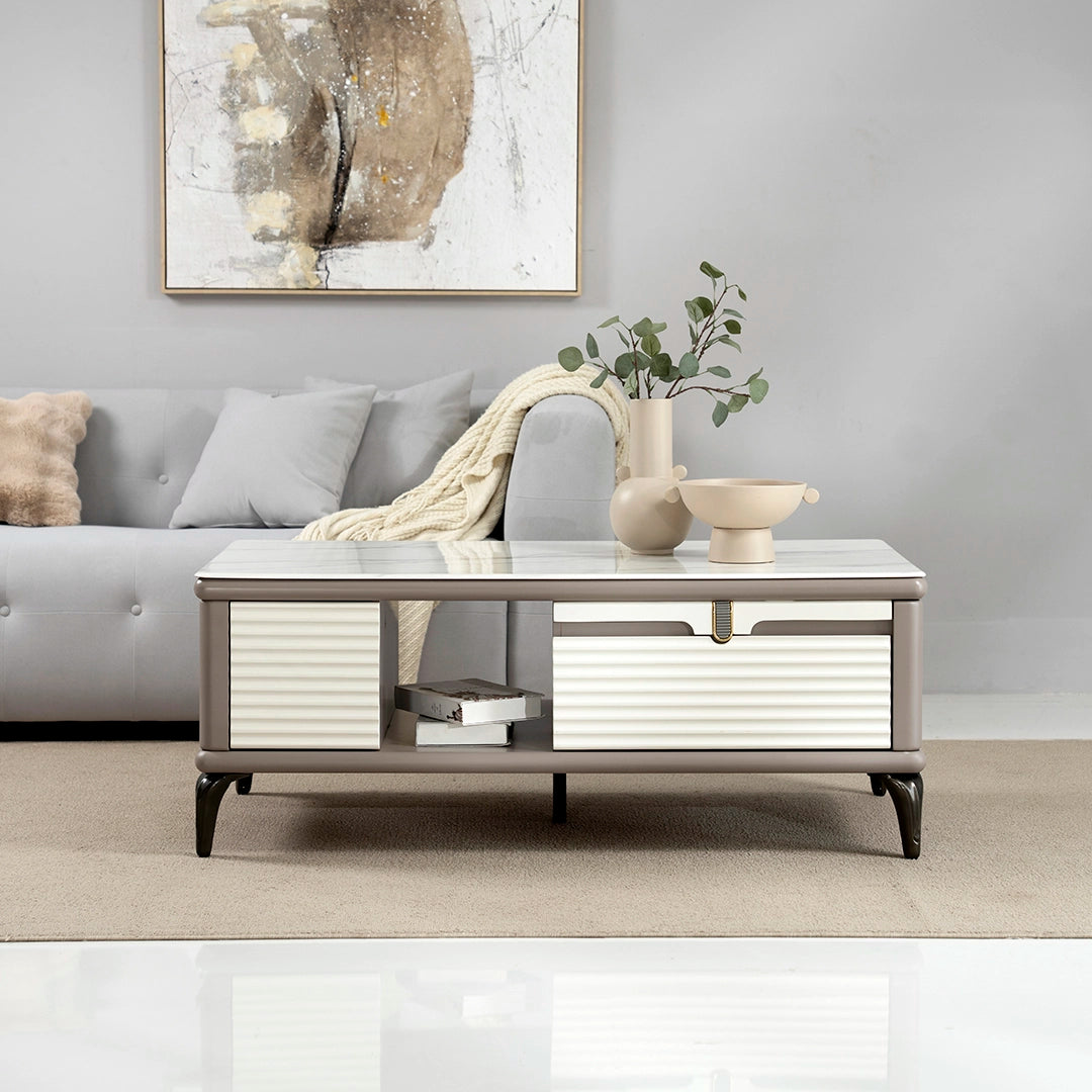 Coffee Table with 3D-Textured Glass Top and Storage Drawers