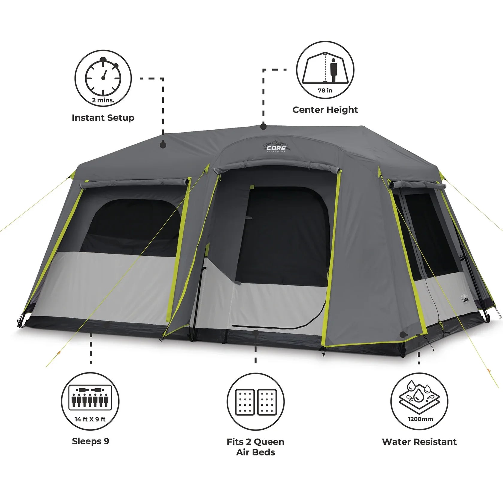 Core 9 Person Instant Cabin Tent with Full Rainfly – 14' x 9'