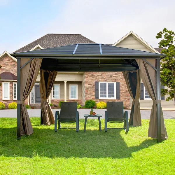 3x4m Aluminum Outdoor Gazebo with Curtains & Mosquito Net – Brown Weather-Resistant Patio Pavilion for Garden & Backyard