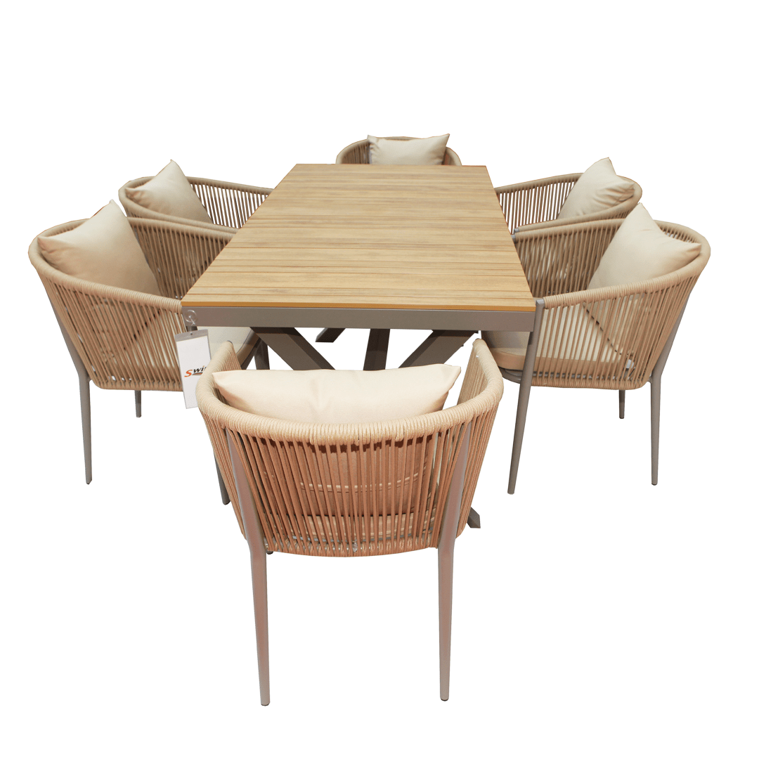 All-Weather Resistant Aluminum Frame WPC 6-Seater Outdoor Dining Set with Cushions for Garden and Backyard-GCC Home Center