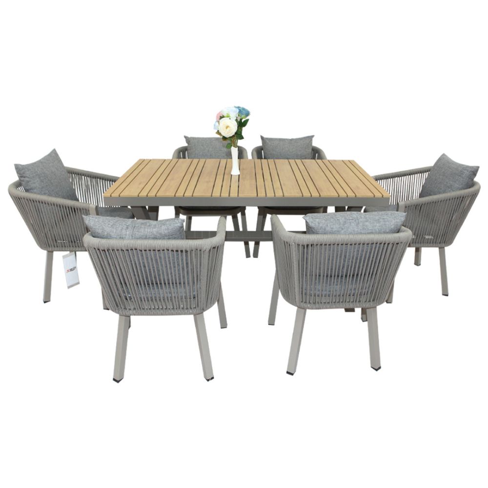 Luxurious Aluminum Frame WPC 6-Seater Outdoor Dining Set with Cushions for Balcony and Backyard-GCC Home Center
