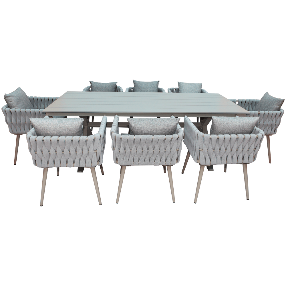 Luxurious Aluminum Frame WPC 8-Seater Outdoor Dining Set with Cushions for Balcony and Backyard-GCC Home Center