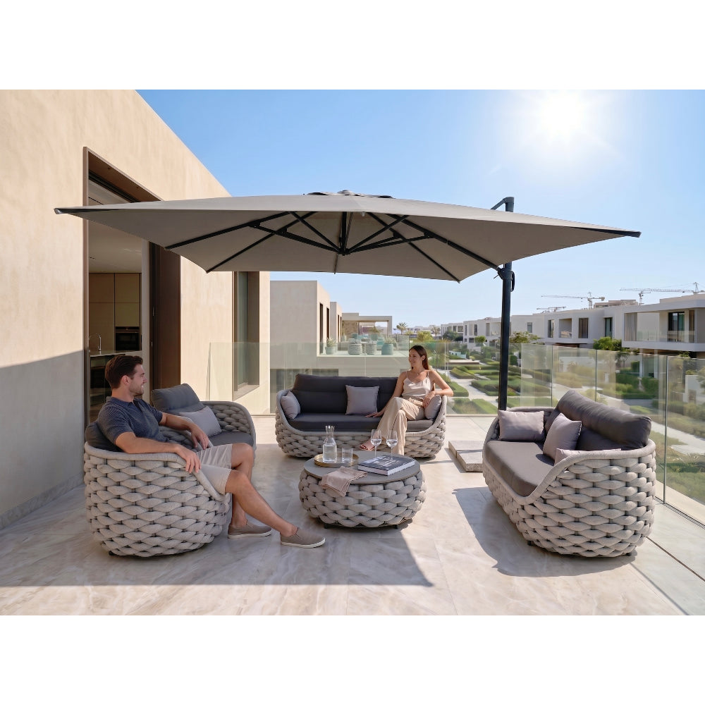 3x4m Aluminum Cantilever Outdoor Umbrella with 360° Rotating Canopy, Solar LED Lights & Marble Base – Khaki Garden Patio Parasol