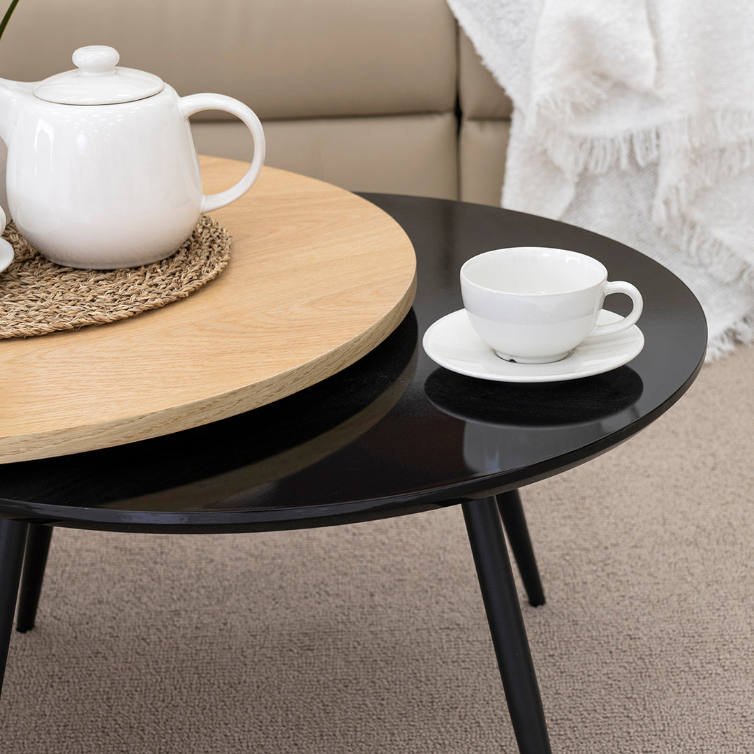 Modern Round Coffee Table with Side Tabletop – MDF & Metal Finish