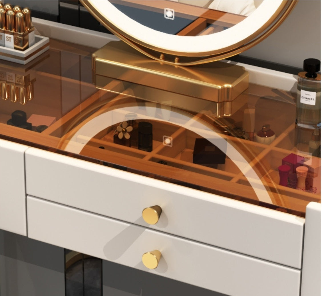 Modern Solid Wood Makeup Vanity Table Set with Smart Mirror and LED Lighting-GCC Home Center