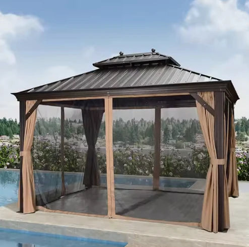 3.65x3m Double Roof Iron Gazebo - Black-GCC Home Center